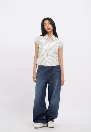 Zip Up Fitted Stripes Shirt