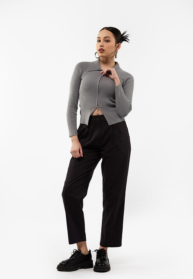 Colorbox Black Ribbed Zip Up Long Sleeve Top Ribbed Zip Up Long