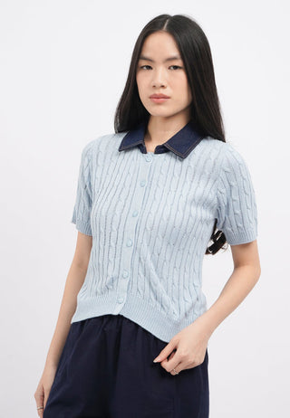 Short Sleeve Knit Top with Denim Collar