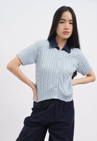 Short Sleeve Knit Top with Denim Collar