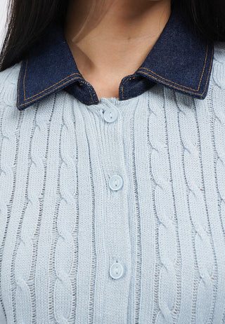 Short Sleeve Knit Top with Denim Collar