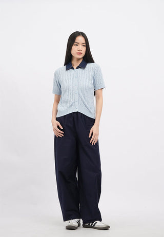 Short Sleeve Knit Top with Denim Collar