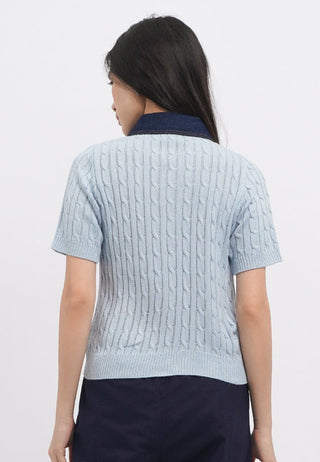 Short Sleeve Knit Top with Denim Collar