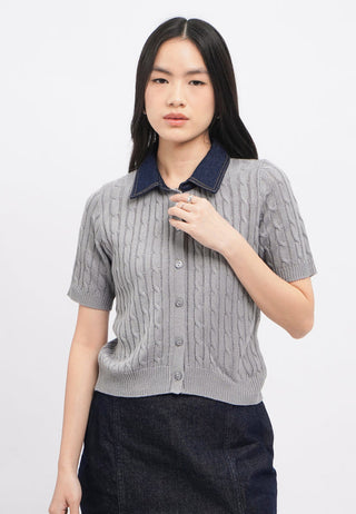 Short Sleeve Knit Top with Denim Collar