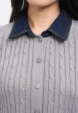 Short Sleeve Knit Top with Denim Collar