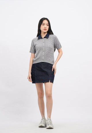 Short Sleeve Knit Top with Denim Collar