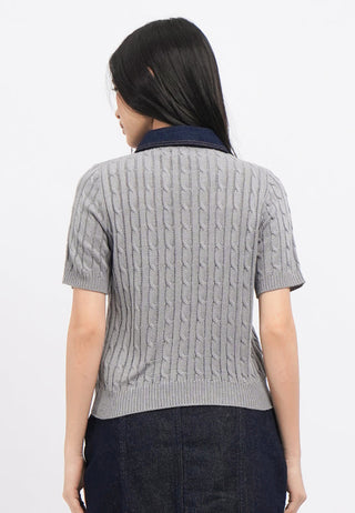 Short Sleeve Knit Top with Denim Collar