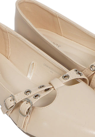 Beige Buckle Flats