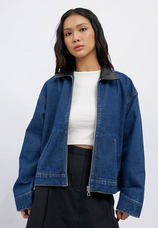 Contrast Collar Crop Denim Jacket