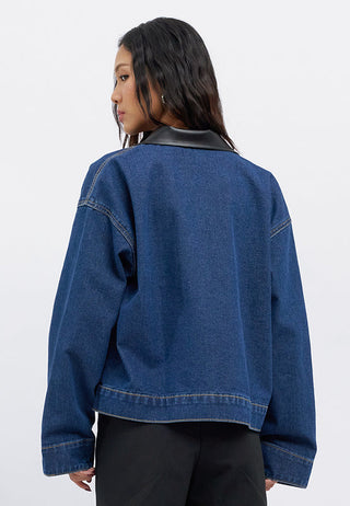 Contrast Collar Crop Denim Jacket