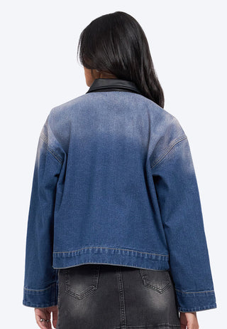 Contrast Collar Crop Denim Jacket