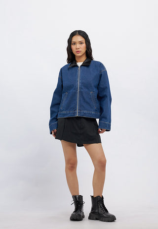 Contrast Collar Crop Denim Jacket
