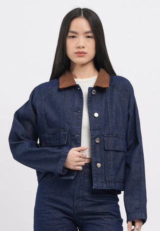 Contrast Collar Denim Jacket with Pocket