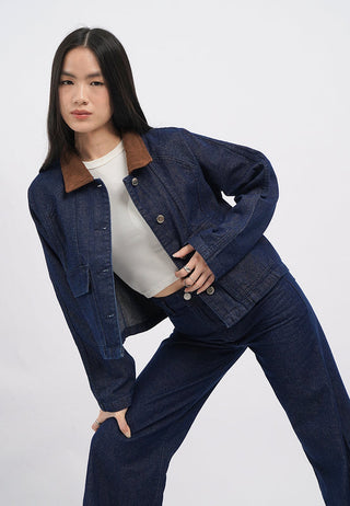 Contrast Collar Denim Jacket with Pocket