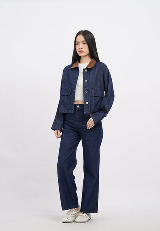 Contrast Collar Denim Jacket with Pocket