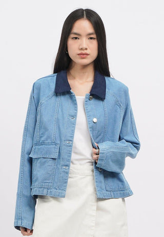 Contrast Collar Denim Jacket with Pocket