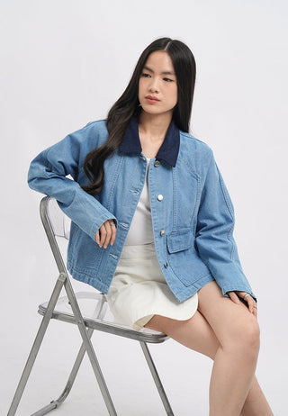 Contrast Collar Denim Jacket with Pocket