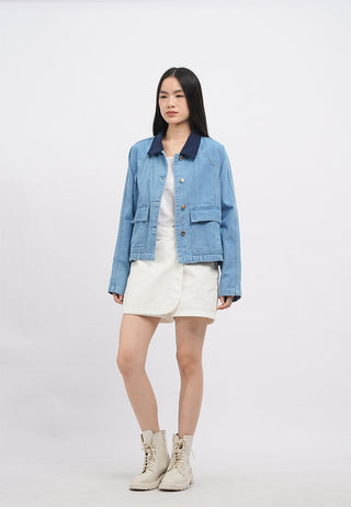 Contrast Collar Denim Jacket with Pocket