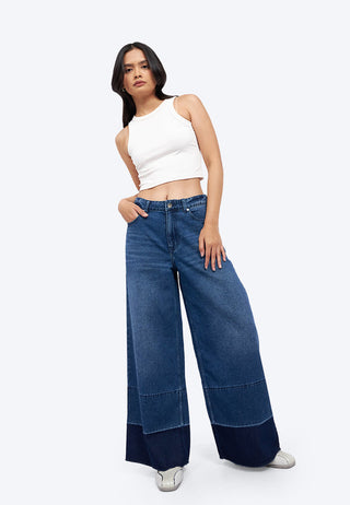 Contrast Hem Wide Leg Jeans