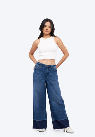 Contrast Hem Wide Leg Jeans