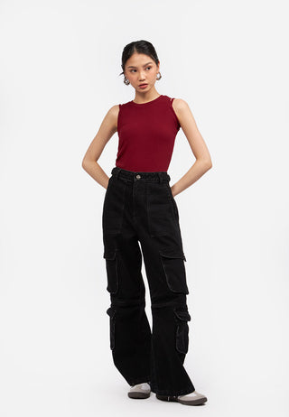 Wide Leg Multi Pocket Denim Pants