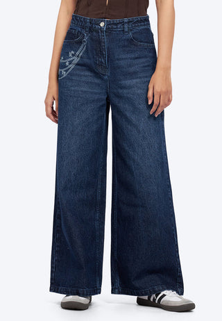 Printed Wide Leg Denim Pants