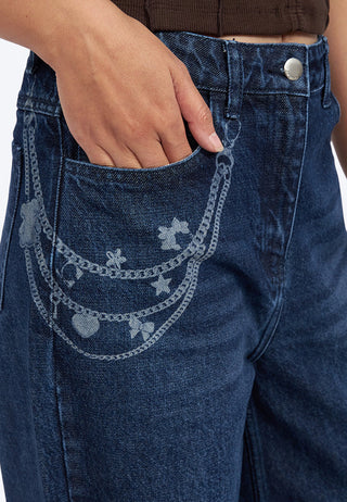 Printed Wide Leg Denim Pants