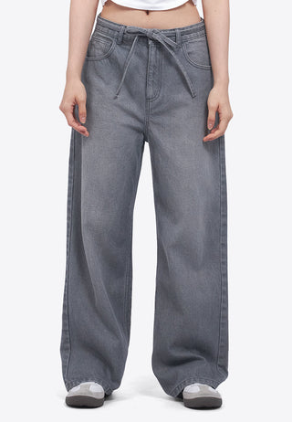 Tied Waist Wide Leg Denim Pants
