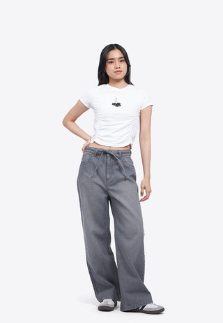 Tied Waist Wide Leg Denim Pants