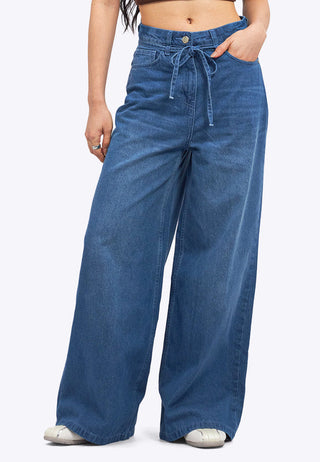Wide Leg Denim Pants with Belt