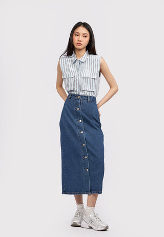 Button Up Denim Midi Skirt