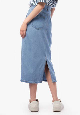 Denim Midi Skirt with Slit Details