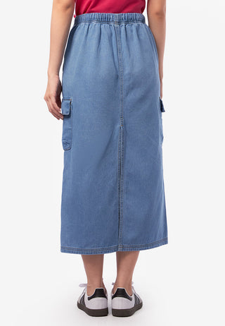 Elastic Denim Midi Skirt