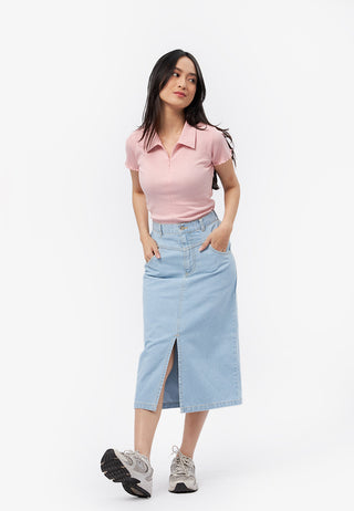 Front Slit Midi Denim Skirt