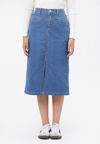 Front Slit Midi Denim Skirt Med Blue