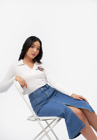 Front Slit Midi Denim Skirt Med Blue