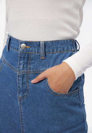 Front Slit Midi Denim Skirt Med Blue