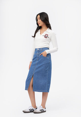 Front Slit Midi Denim Skirt Med Blue