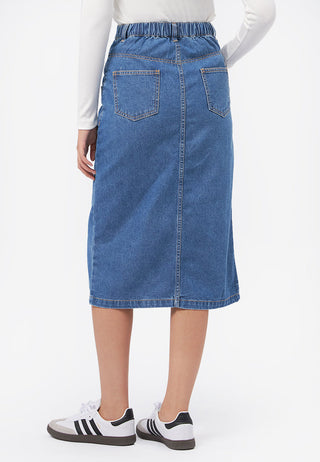 Front Slit Midi Denim Skirt Med Blue