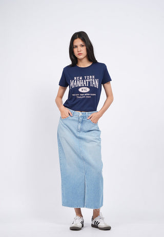 Front Slit Denim Midi Skirt