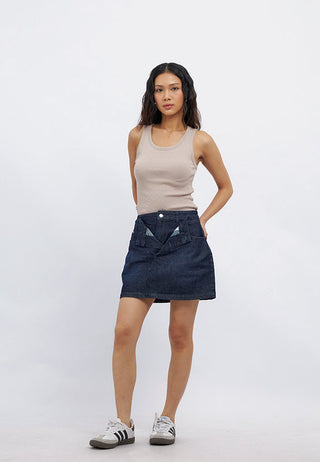 Double Waistband Denim Mini Skirt