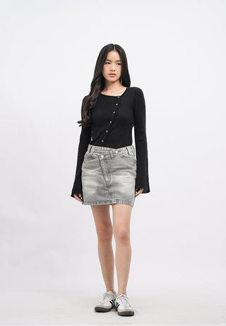 Cross Over Details Denim Mini Skirt
