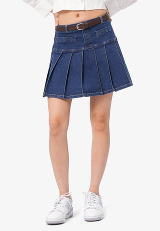 Pleated Denim Skirt with Belt