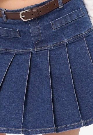 Pleated Denim Skirt with Belt