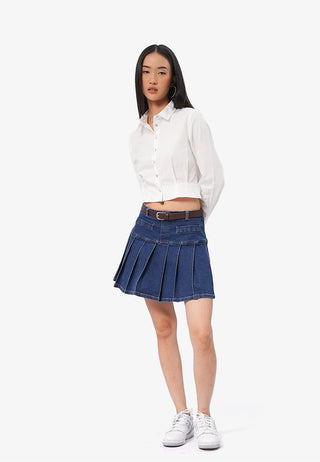 Pleated Denim Skirt with Belt