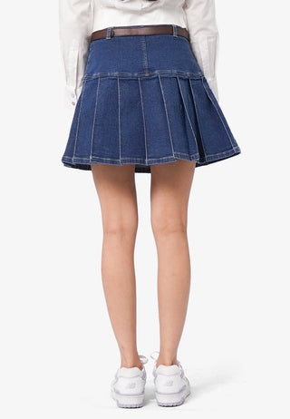 Pleated Denim Skirt with Belt