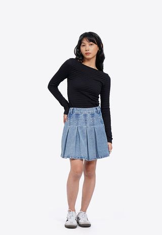 Pleated Mini Denim Skirt
