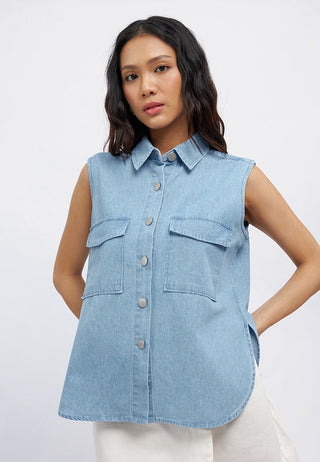 Sleeveless Button Up Shirt with Pocket