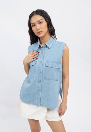 Sleeveless Button Up Shirt with Pocket