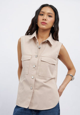 Sleeveless Button Up Shirt with Pocket